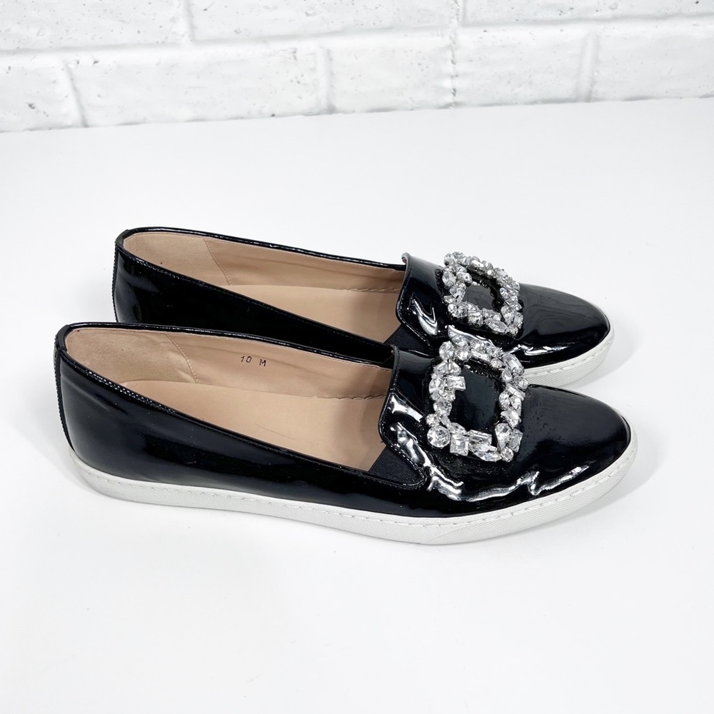 SESTO MEUCCI Frieda Black Patent Slip on Loafer with Clear Jewels